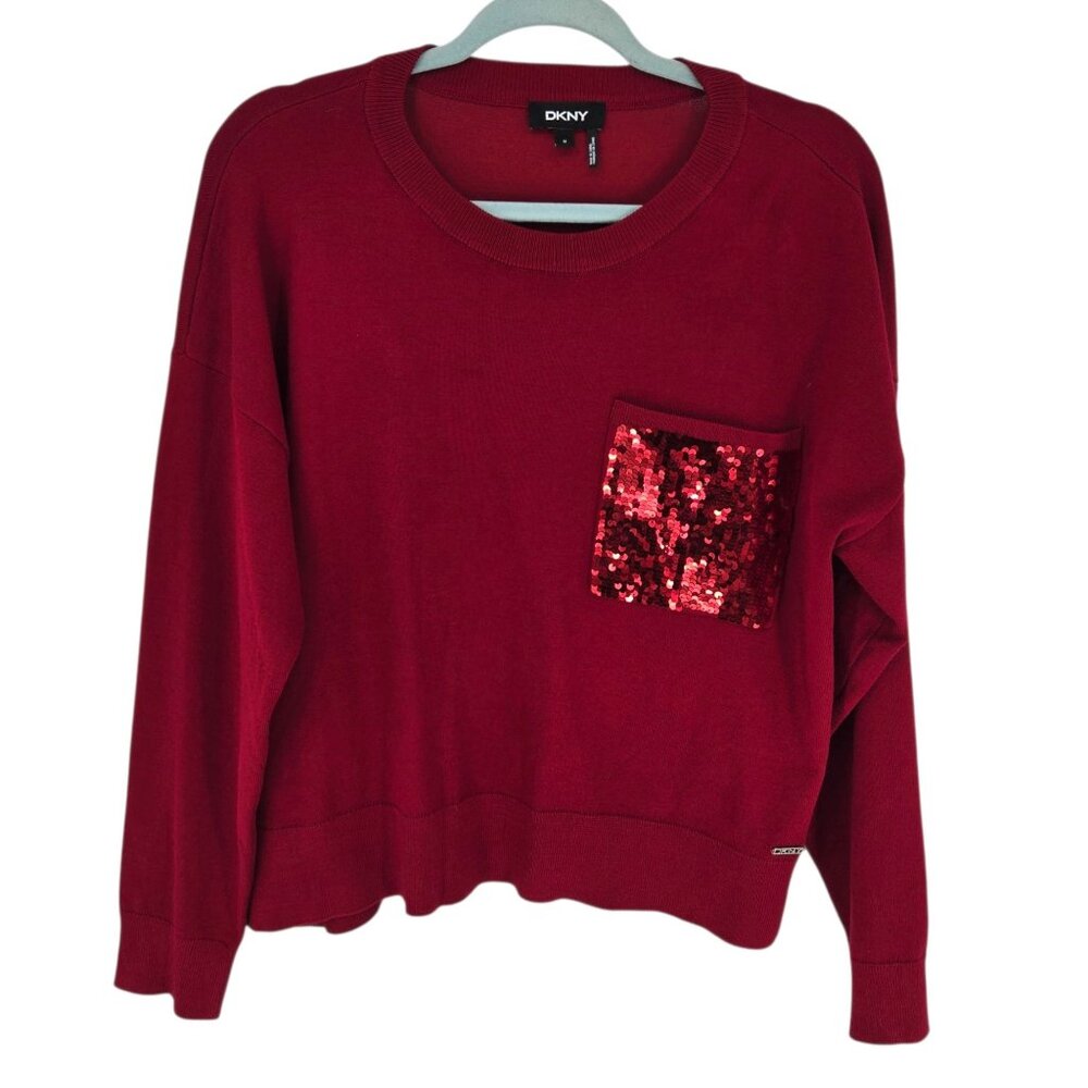 DKNY womens size medium rudolph red long sleeve sweater sequin pocket